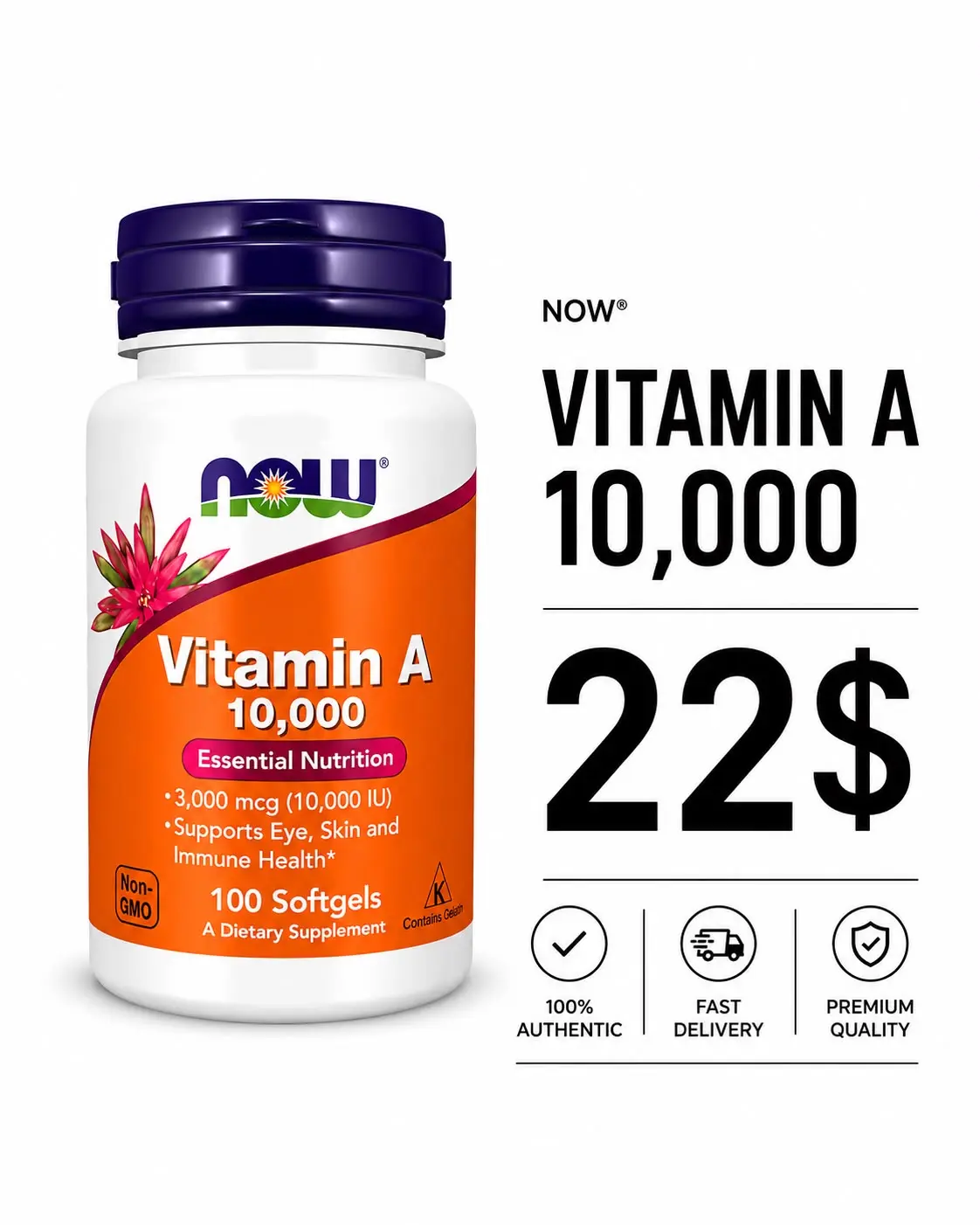 NOW Vitamin A 10000 IU – 100 Softgels