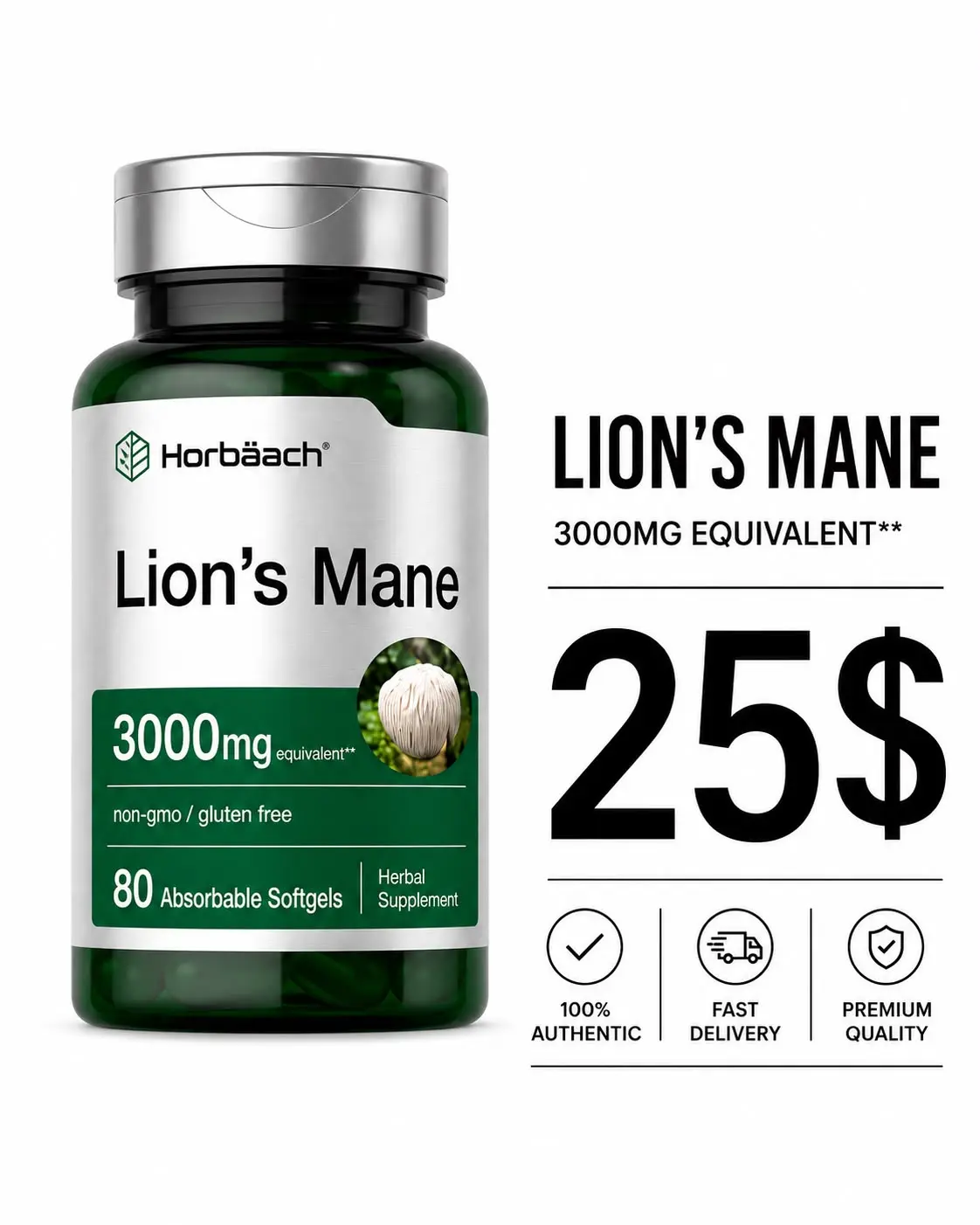 Horbäach Lion's Mane 3000 mg Equivalent – 80 Softgels