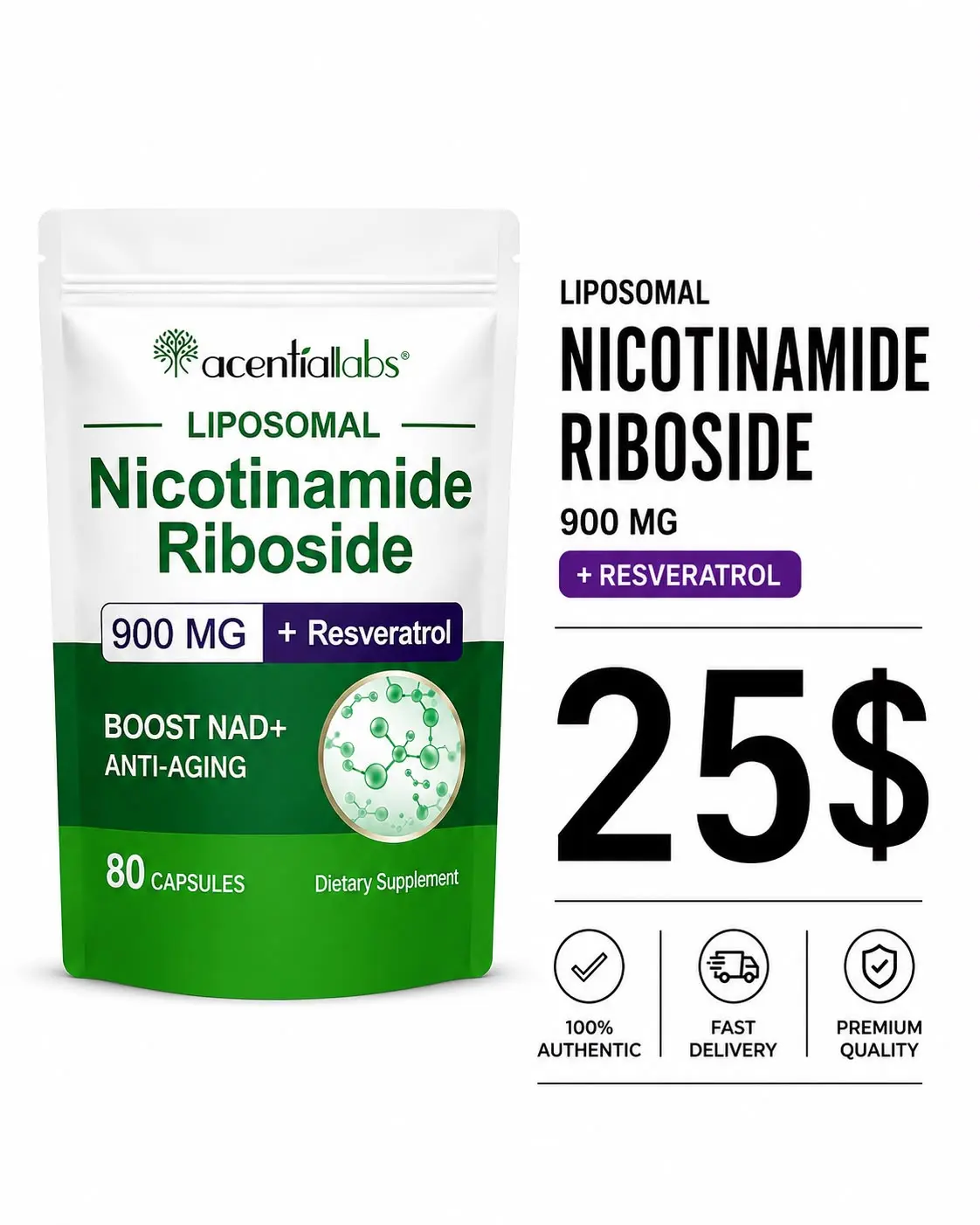 Acential Labs Liposomal Nicotinamide Riboside 900 mg + Resveratrol – 80 Capsules