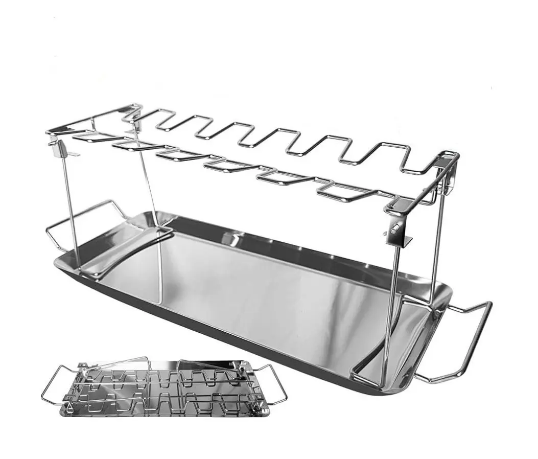 14-Slots Chicken Wing Leg Grill Rack with Drip Pan Stand Holder