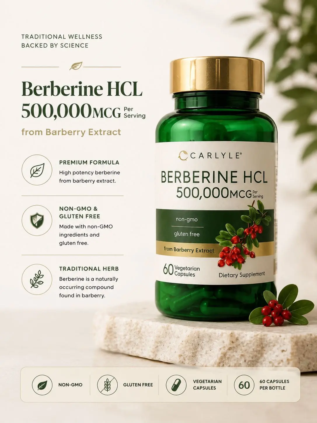 Carlyle Berberine HCl 500 mg – 60 Vegetarian Capsules